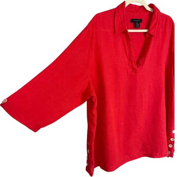 Tahari 100% Linen V-Neck Tunic Top Coral Red Sz 2X Effortless Timeless Vacation - Picture 2 of 8